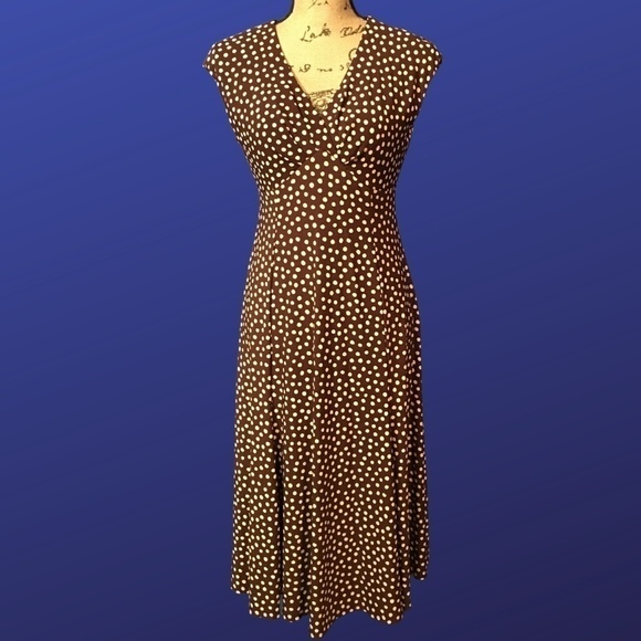 JONES NEW YORK Empire Waist Flared Dress, Brown/Cream POLKA DOT, Size 8P, NWOT - Picture 1 of 9